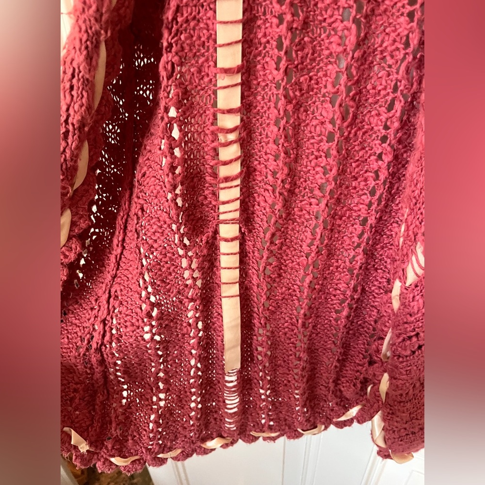 Betsey Johnson Vintage Pink Long Cardigan with Lace Ribbon Crochet Knit - Picture 2 of 8